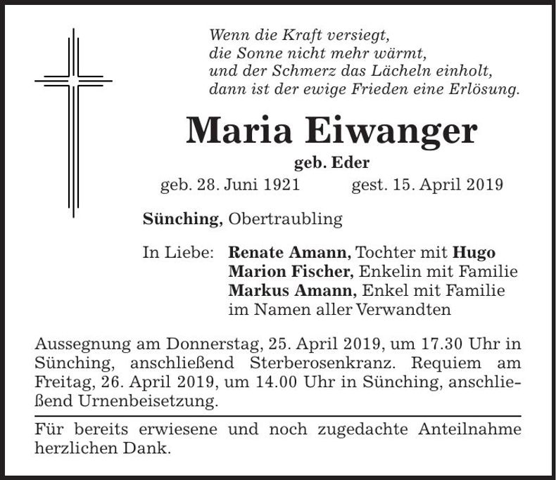 Traueranzeige Maria Eiwanger
