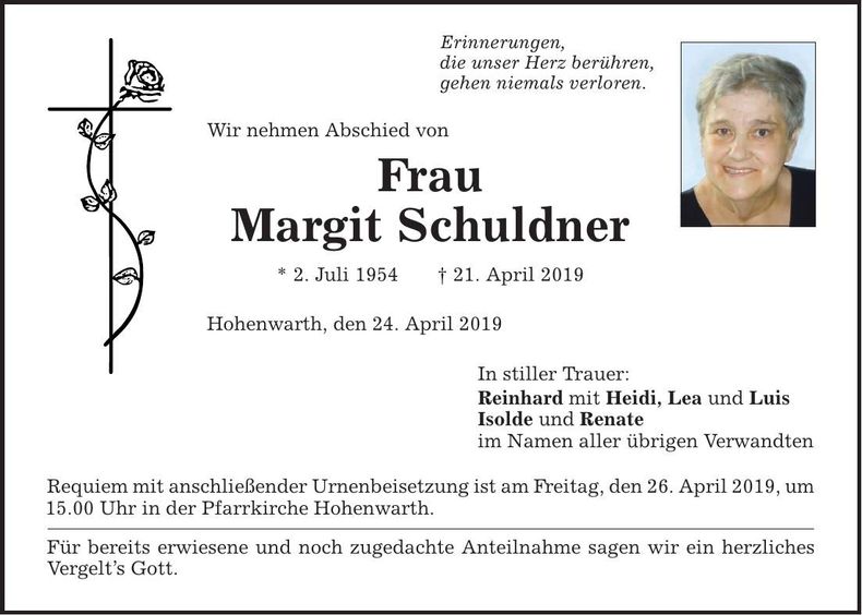 Traueranzeige Margit Schuldner