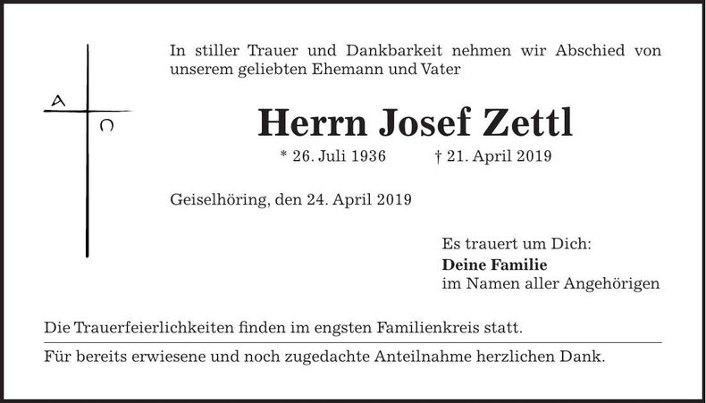 Traueranzeige Josef Zettl