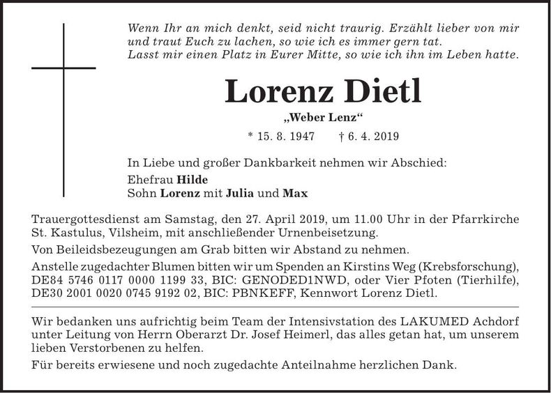 Traueranzeige Lorenz Dietl