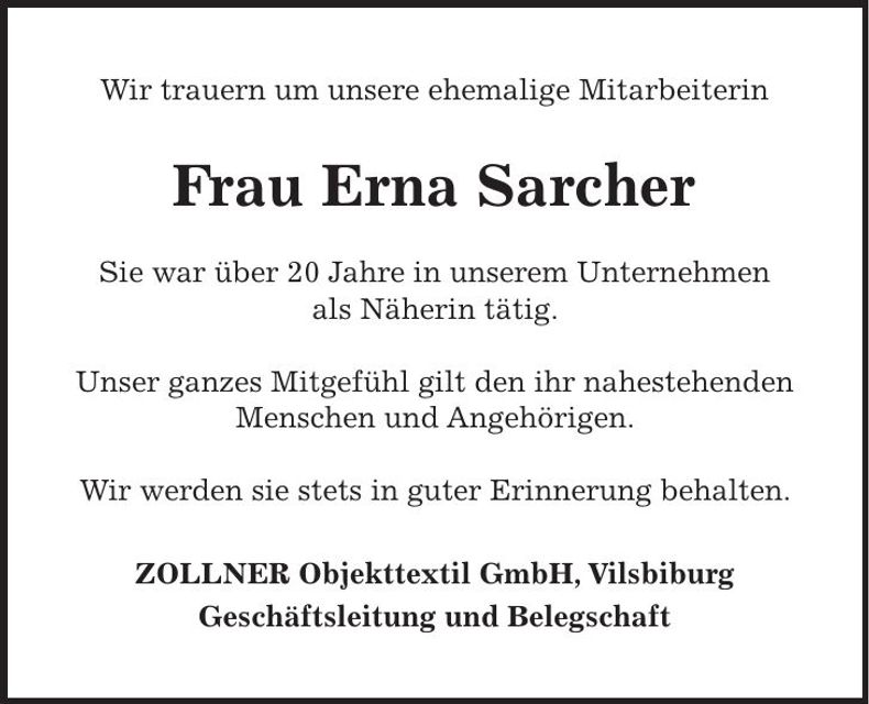Traueranzeige Erna Sarcher