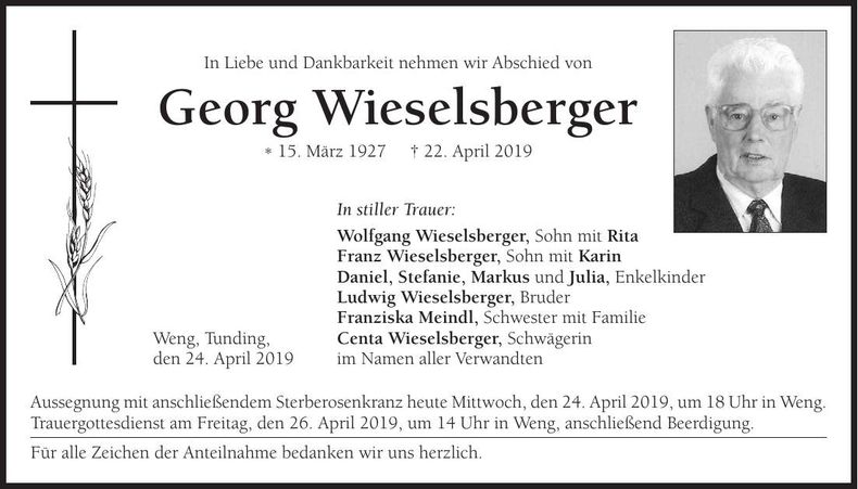 Traueranzeige Georg Wieselsberger