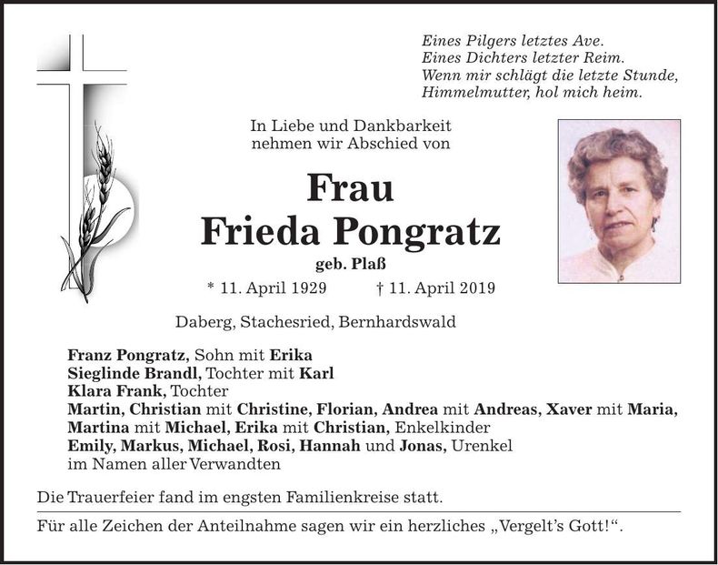Traueranzeige Frieda Pongratz