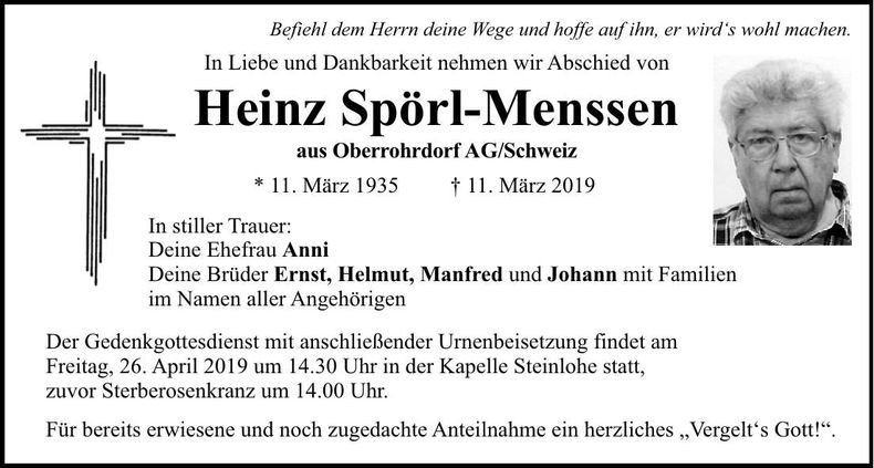 Traueranzeige Heinz Spörl-Menssen