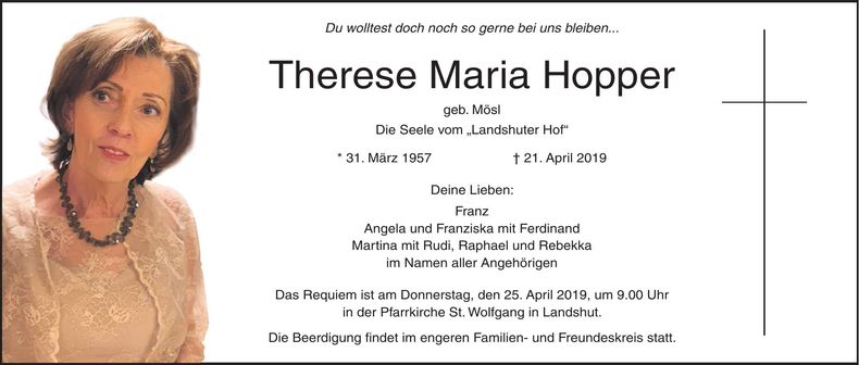 Traueranzeige Therese Maria Hopper