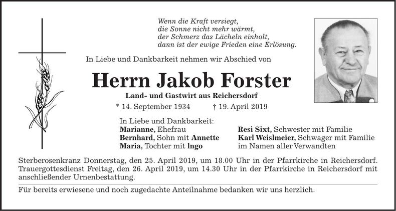 Traueranzeige Jakob Forster