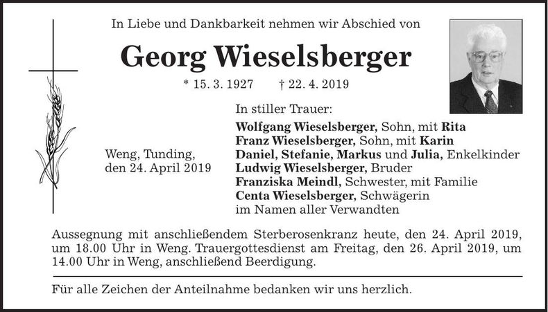 Traueranzeige Georg Wieselsberger