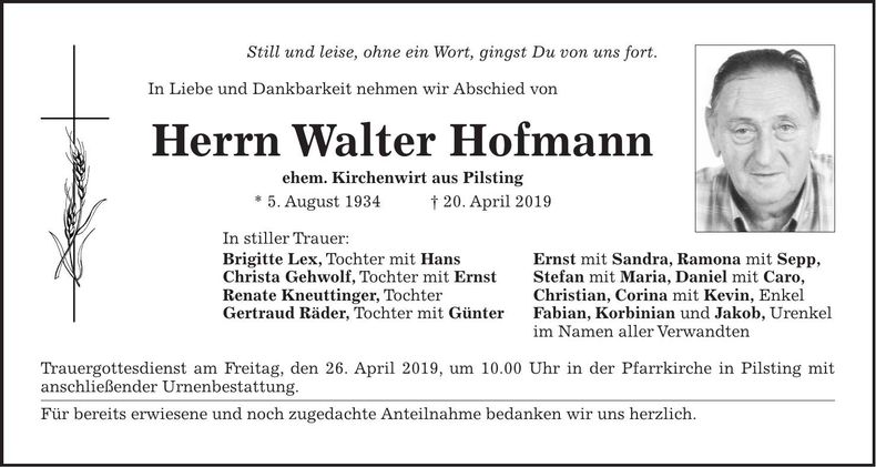 Traueranzeige Walter Hofmann