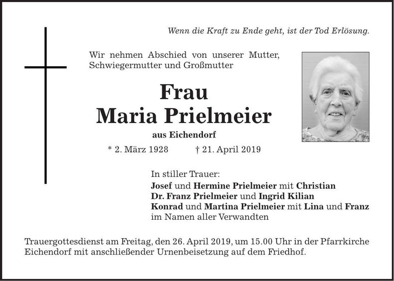Traueranzeige Maria Prielmeier