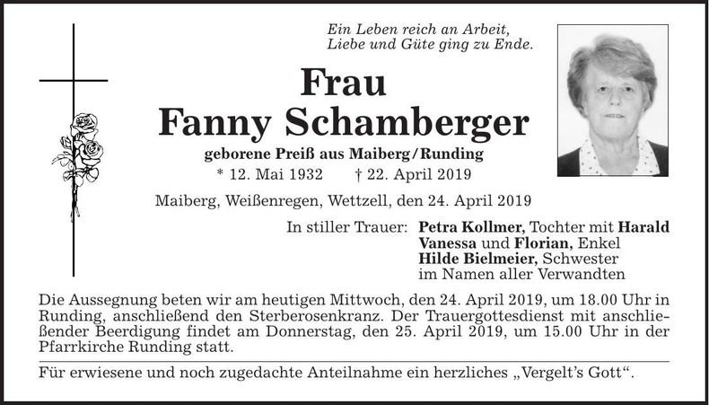 Traueranzeige Fanny Schamberger