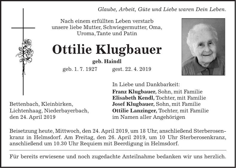 Traueranzeige Ottilie Klugbauer