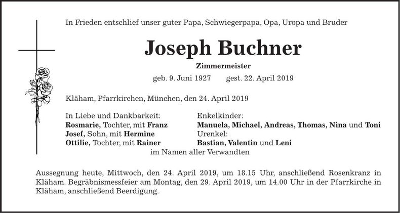 Traueranzeige Joseph Buchner
