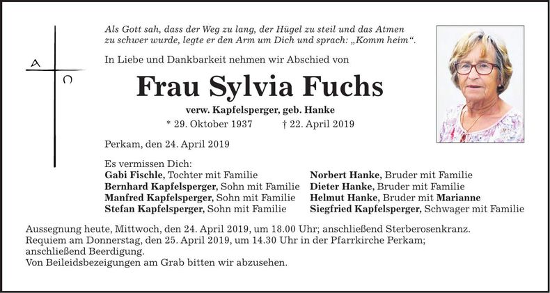 Traueranzeige Sylvia Fuchs