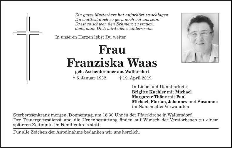 Traueranzeige Franziska Waas
