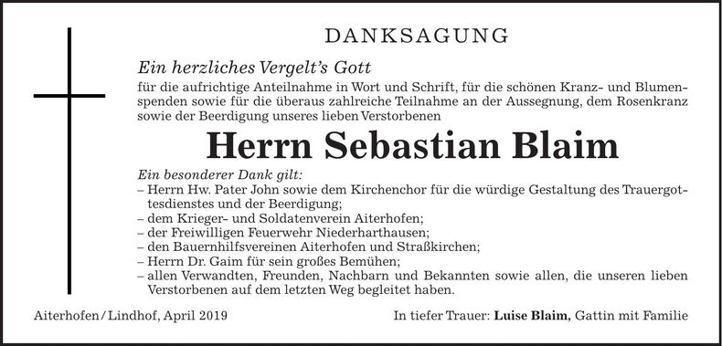 Traueranzeige Sebastian Blaim