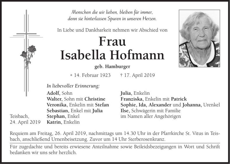 Traueranzeige Isabella Hofmann