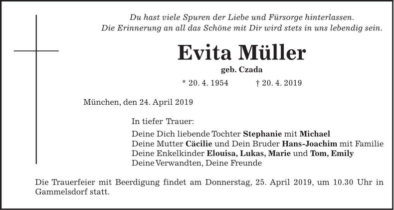 Traueranzeige Evita Müller