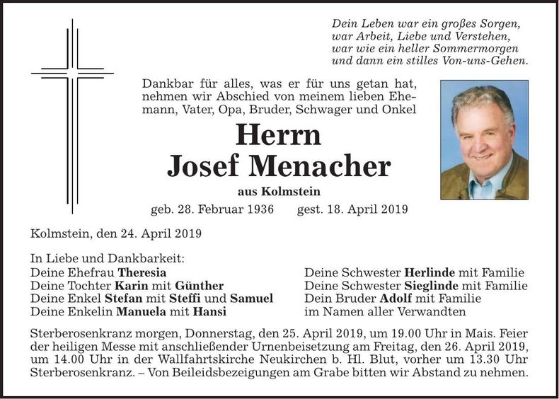 Traueranzeige Josef Menacher
