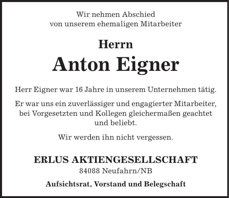 Traueranzeige Anton Eigner