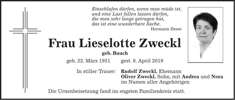 Traueranzeige Lieselotte Zweckl