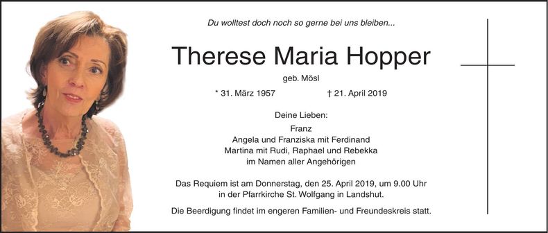 Traueranzeige Therese Maria Hopper