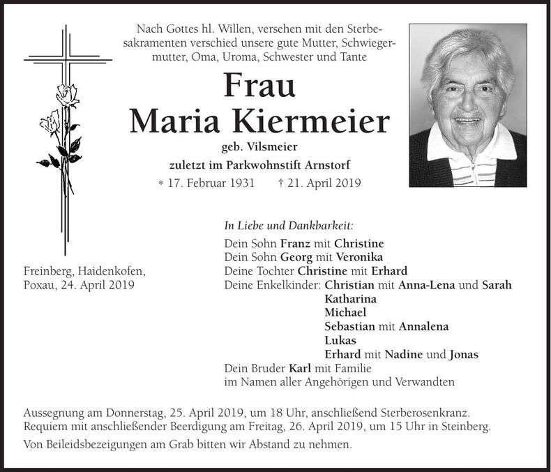 Traueranzeige Maria Kiermeier