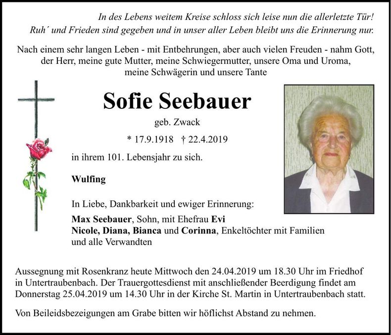Traueranzeige Sofie Seebauer