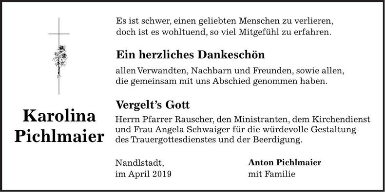 Traueranzeige Karolina Pichlmaier