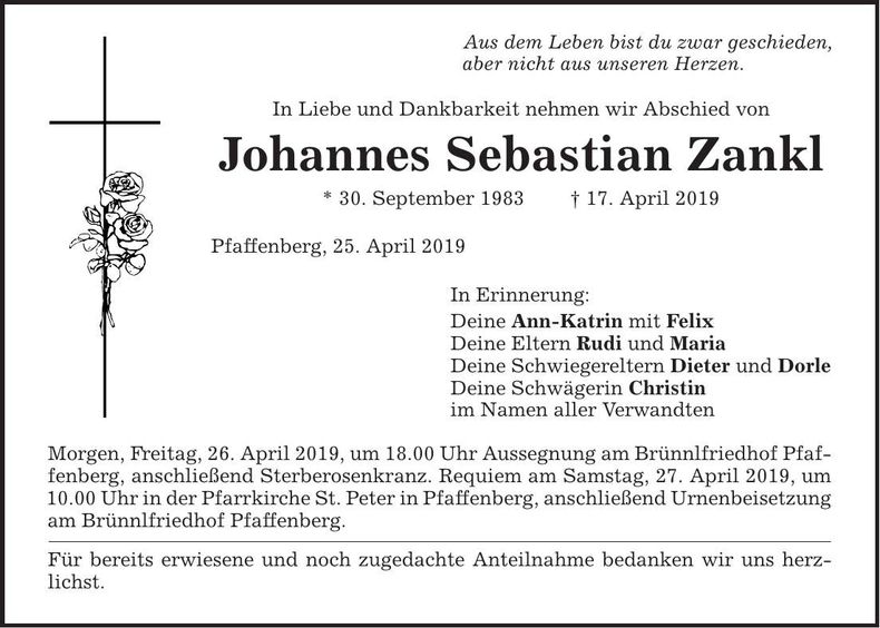 Traueranzeige Johannes Zankl