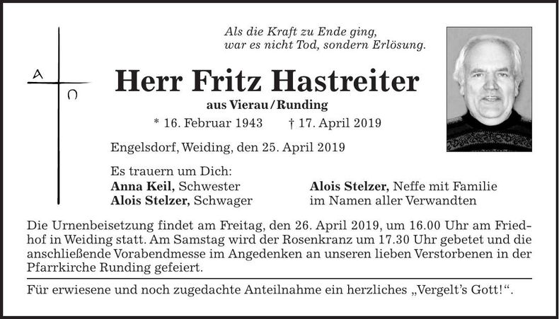 Traueranzeige Fritz Hastreiter
