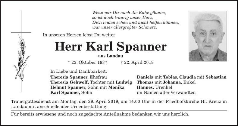 Traueranzeige Karl Spanner