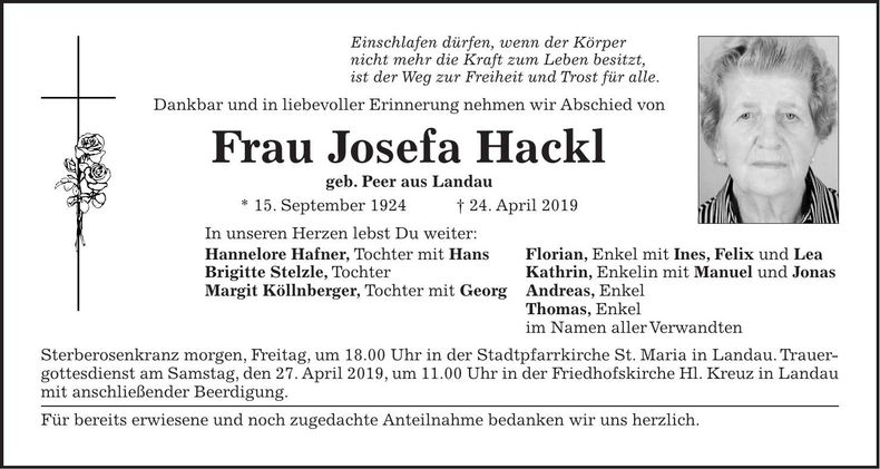 Traueranzeige Josefa Hackl