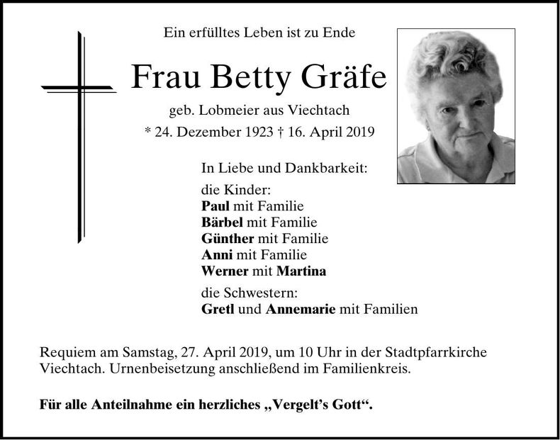 Traueranzeige Gräfe Betty