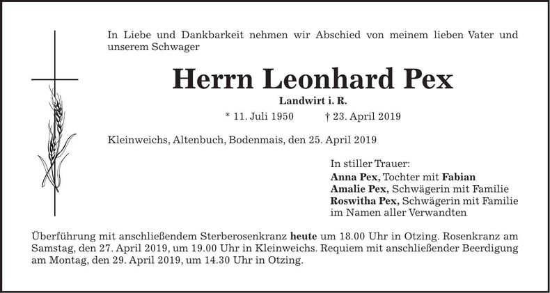 Traueranzeige Leonhard Pex