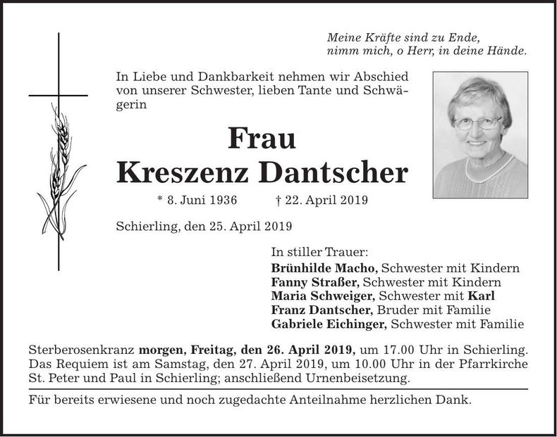 Traueranzeige Kreszenz Dantscher