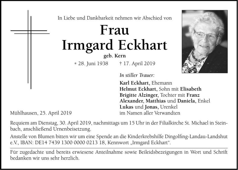 Traueranzeige Irmgard Eckhart
