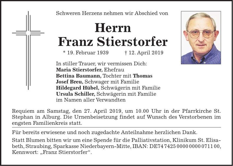 Traueranzeige Franz Stierstorfer
