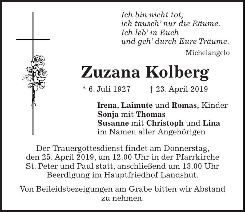 Traueranzeige Zuzana Kolberg
