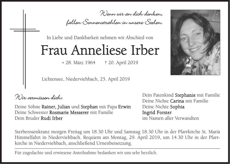 Traueranzeige Anneliese Irber