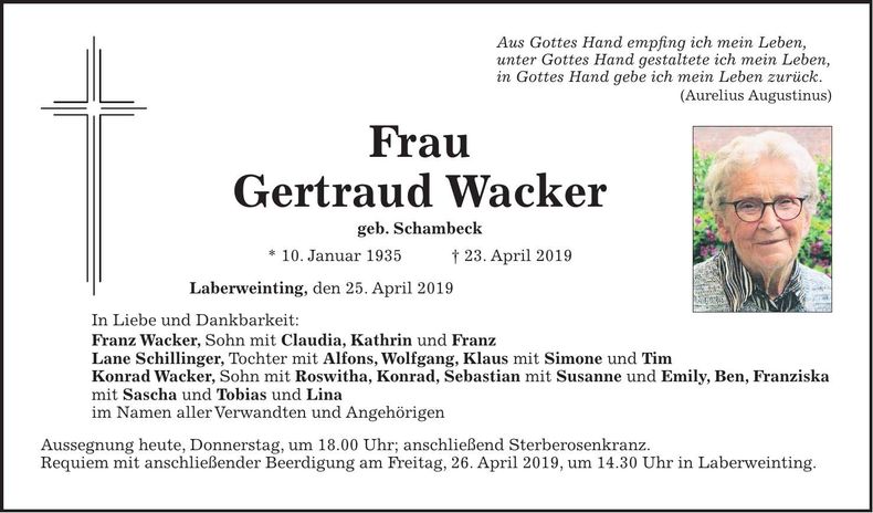 Traueranzeige Gertraud Wacker