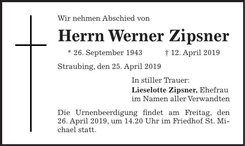 Traueranzeige Werner Zipsner