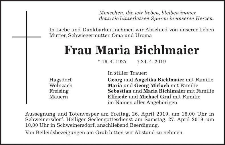 Traueranzeige Maria Bichlmaier
