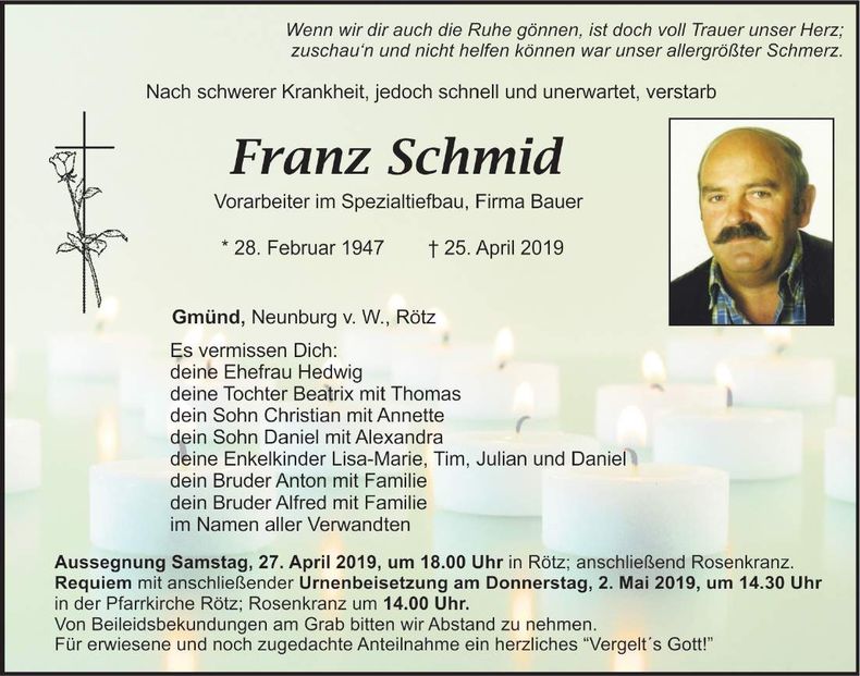 Traueranzeige Franz Schmid