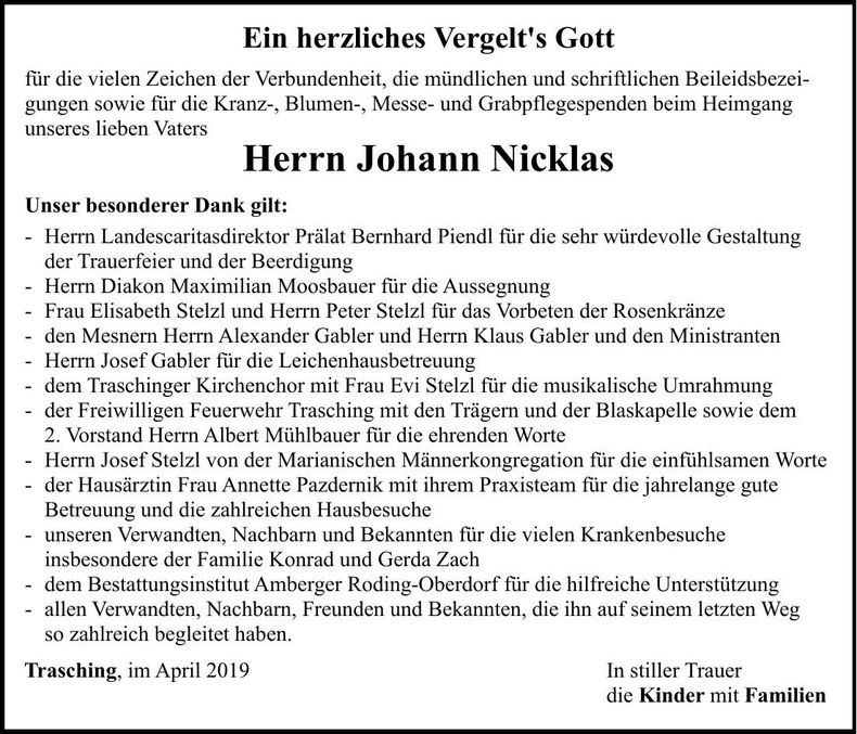 Traueranzeige Johann Nicklas