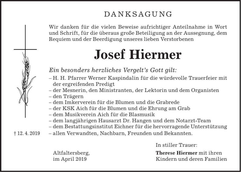 Traueranzeige Josef Hiermer