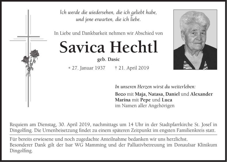 Traueranzeige Savica Hechtl