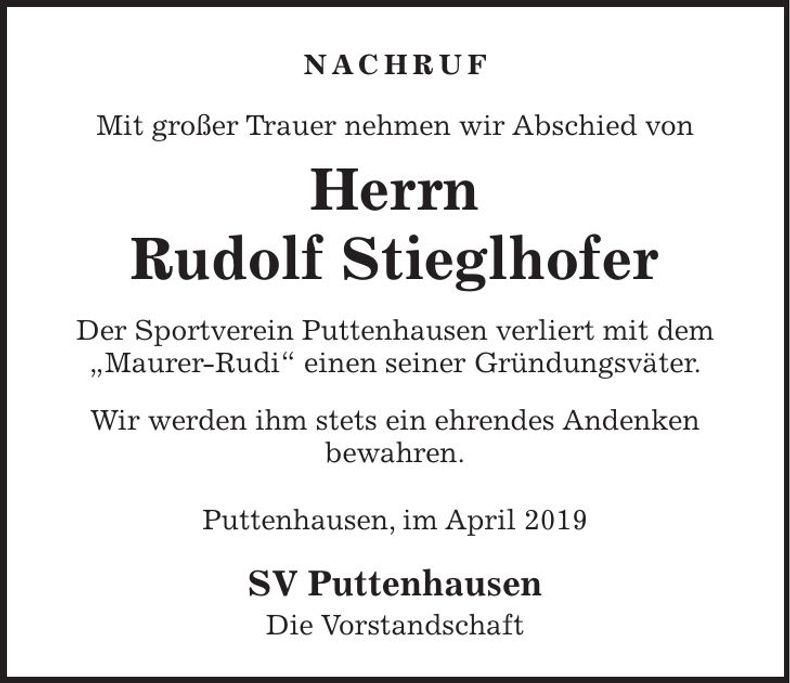Traueranzeige Stieglhofer Rudolf
