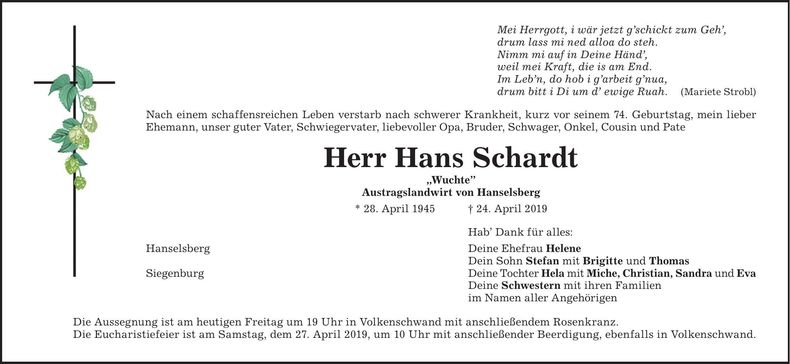 Traueranzeige Hans Schardt