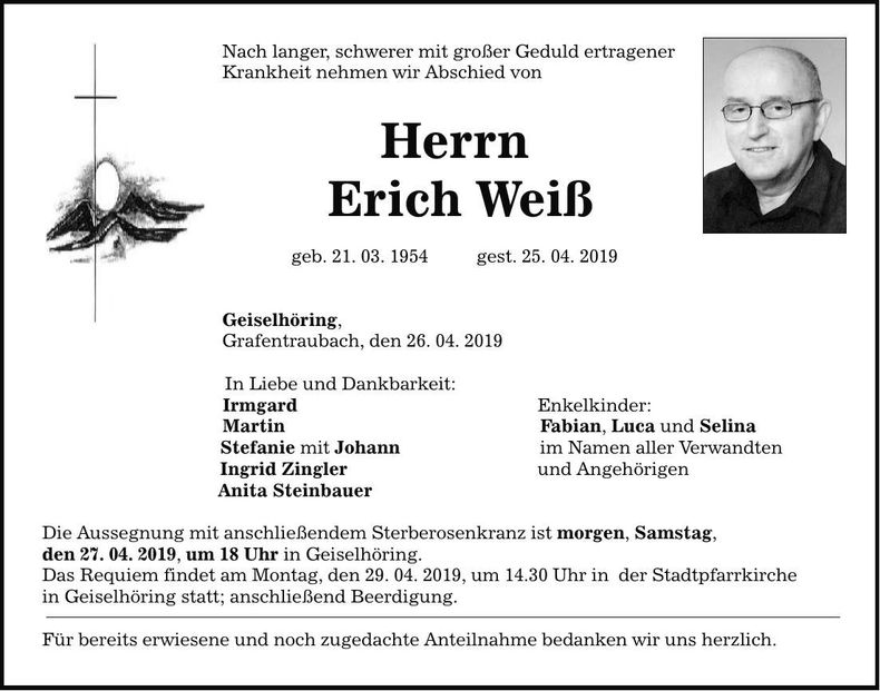 Traueranzeige Erich Weiß