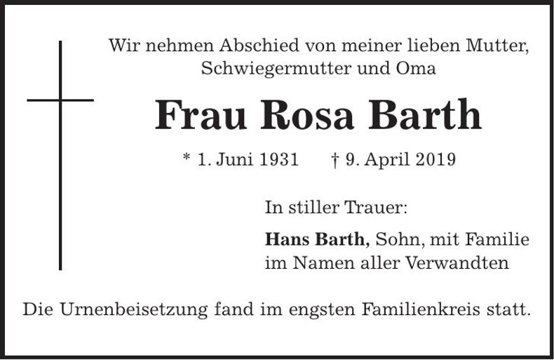 Traueranzeige Rosa Barth